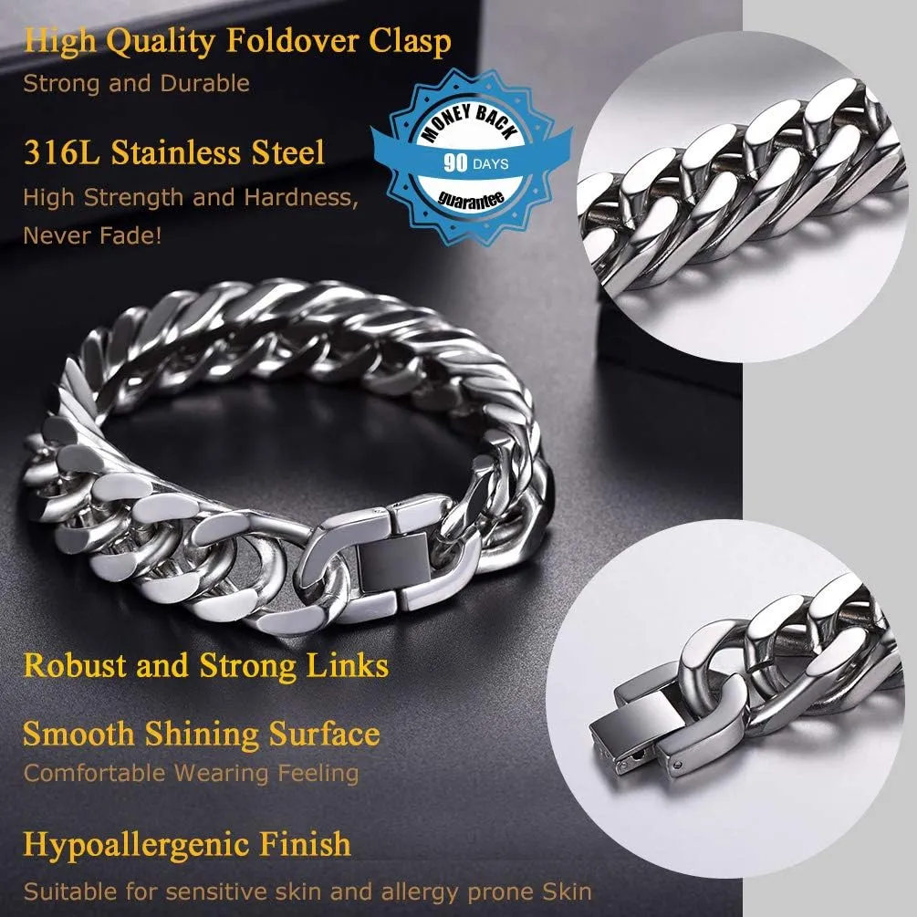 PROSTEEL Stainless Steel Franco Chain Bracelet, Trendy Chunky Bracelets for Men Women, Black/18K Gold Plated, W: 8mm/12mm/17mm, L: 7.5"/8.3"/9", Come Box