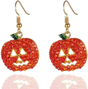 Pumpkin Earrings for Women Unique Red Full Crystal Rhinestone Halloween Smiling Face Pumpkin Dangle Drop Funny Earrings Holiday Night Costume Jewelry, Fun and Festive