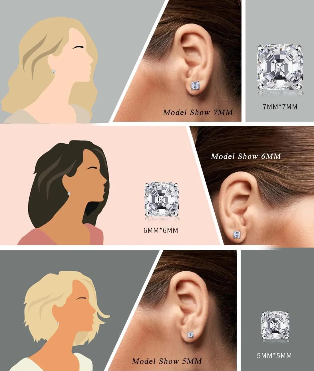"STUNNING FLAME "18K Gold Plated Sterling Silver Asscher Cut Cubic Zirconia Stud Earrings for Women
