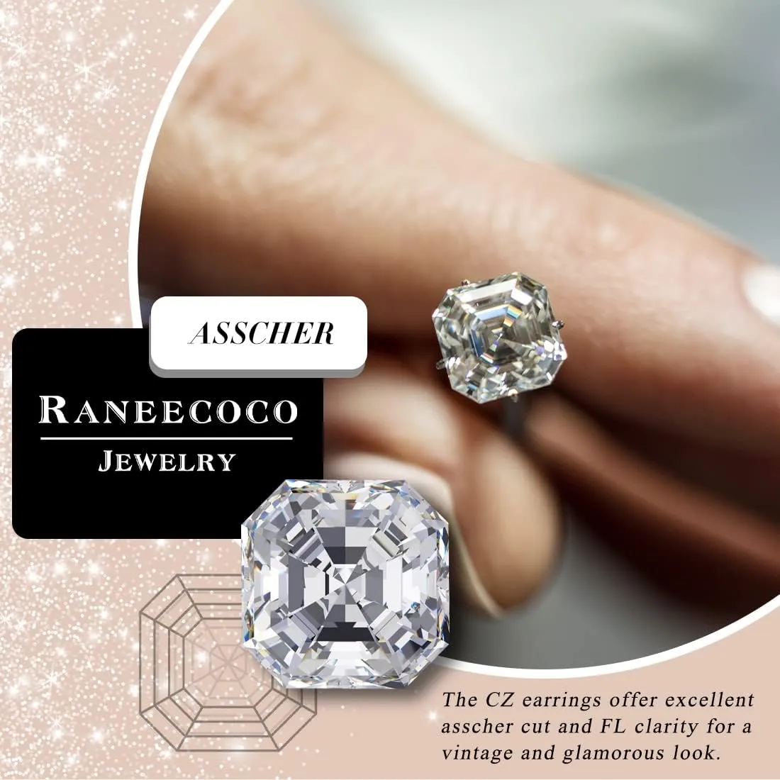 "STUNNING FLAME "18K Gold Plated Sterling Silver Asscher Cut Cubic Zirconia Stud Earrings for Women