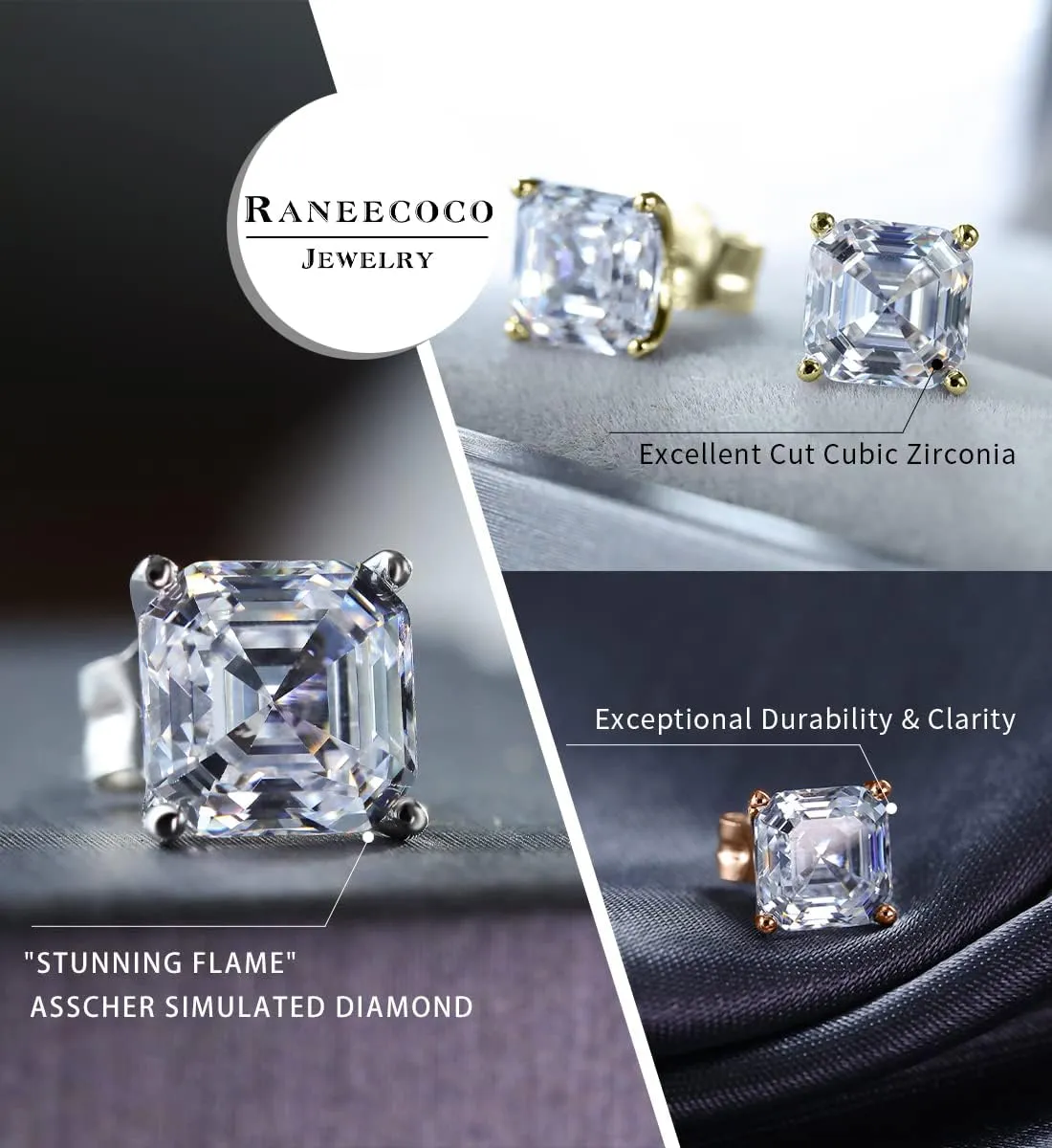"STUNNING FLAME "18K Gold Plated Sterling Silver Asscher Cut Cubic Zirconia Stud Earrings for Women