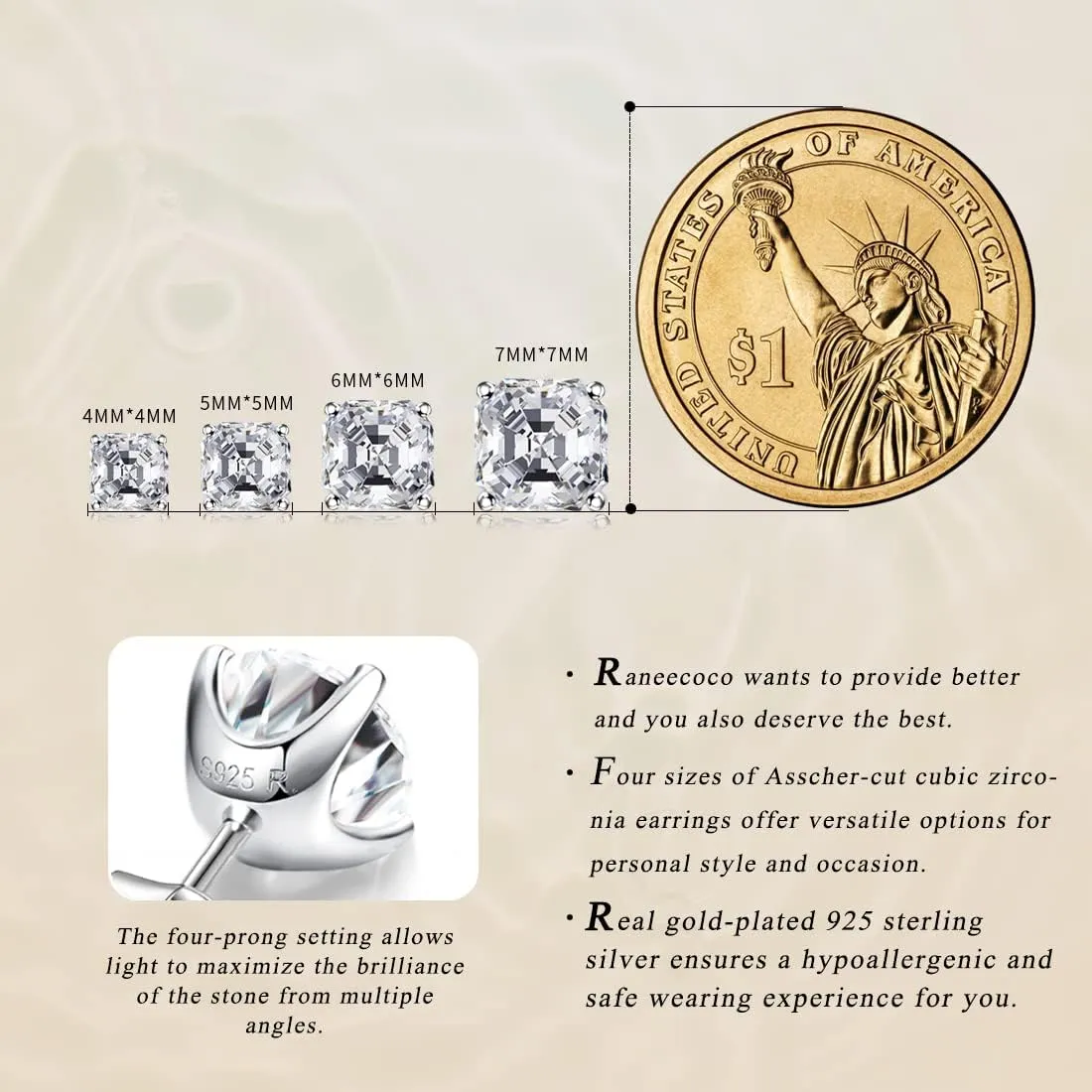 "STUNNING FLAME "18K Gold Plated Sterling Silver Asscher Cut Cubic Zirconia Stud Earrings for Women