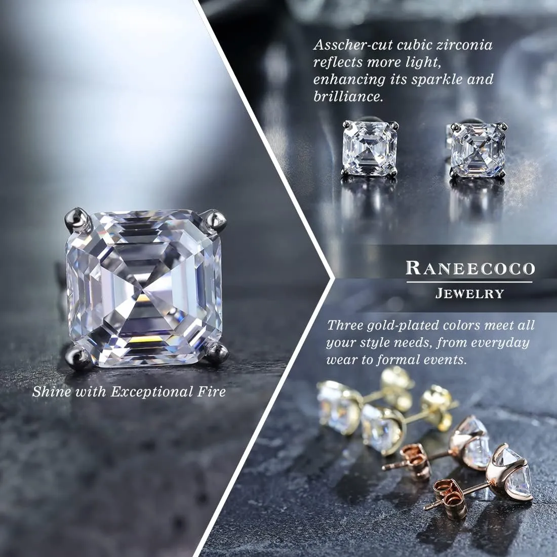 "STUNNING FLAME "18K Gold Plated Sterling Silver Asscher Cut Cubic Zirconia Stud Earrings for Women