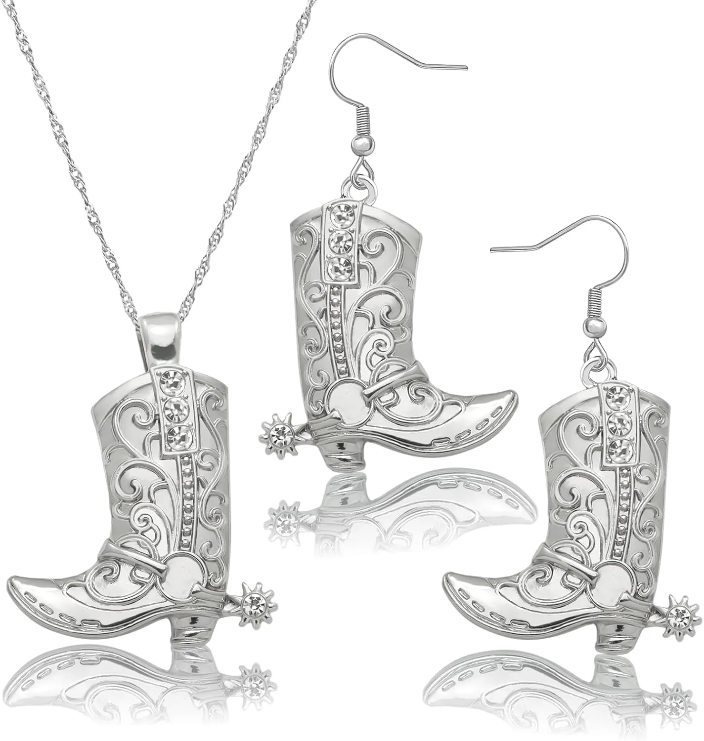 RechicGu Western West Cowgirl Cowboy Texas Boots Earrings Necklace Set, Spur Rodeo Drop Dangle Boots Earrings,Twist Link Chain Necklace with Boot Pendant,Jewelry Set