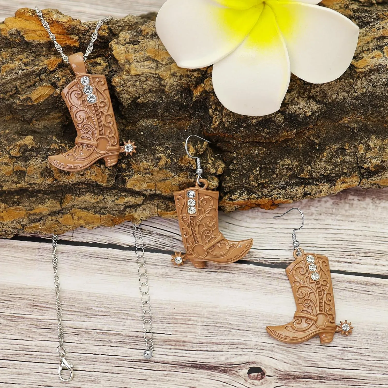RechicGu Western West Cowgirl Cowboy Texas Boots Earrings Necklace Set, Spur Rodeo Drop Dangle Boots Earrings,Twist Link Chain Necklace with Boot Pendant,Jewelry Set