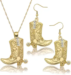 RechicGu Western West Cowgirl Cowboy Texas Boots Earrings Necklace Set, Spur Rodeo Drop Dangle Boots Earrings,Twist Link Chain Necklace with Boot Pendant,Jewelry Set