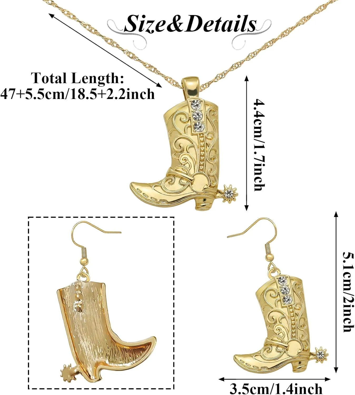 RechicGu Western West Cowgirl Cowboy Texas Boots Earrings Necklace Set, Spur Rodeo Drop Dangle Boots Earrings,Twist Link Chain Necklace with Boot Pendant,Jewelry Set