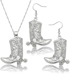 RechicGu Western West Cowgirl Cowboy Texas Boots Earrings Necklace Set, Spur Rodeo Drop Dangle Boots Earrings,Twist Link Chain Necklace with Boot Pendant,Jewelry Set