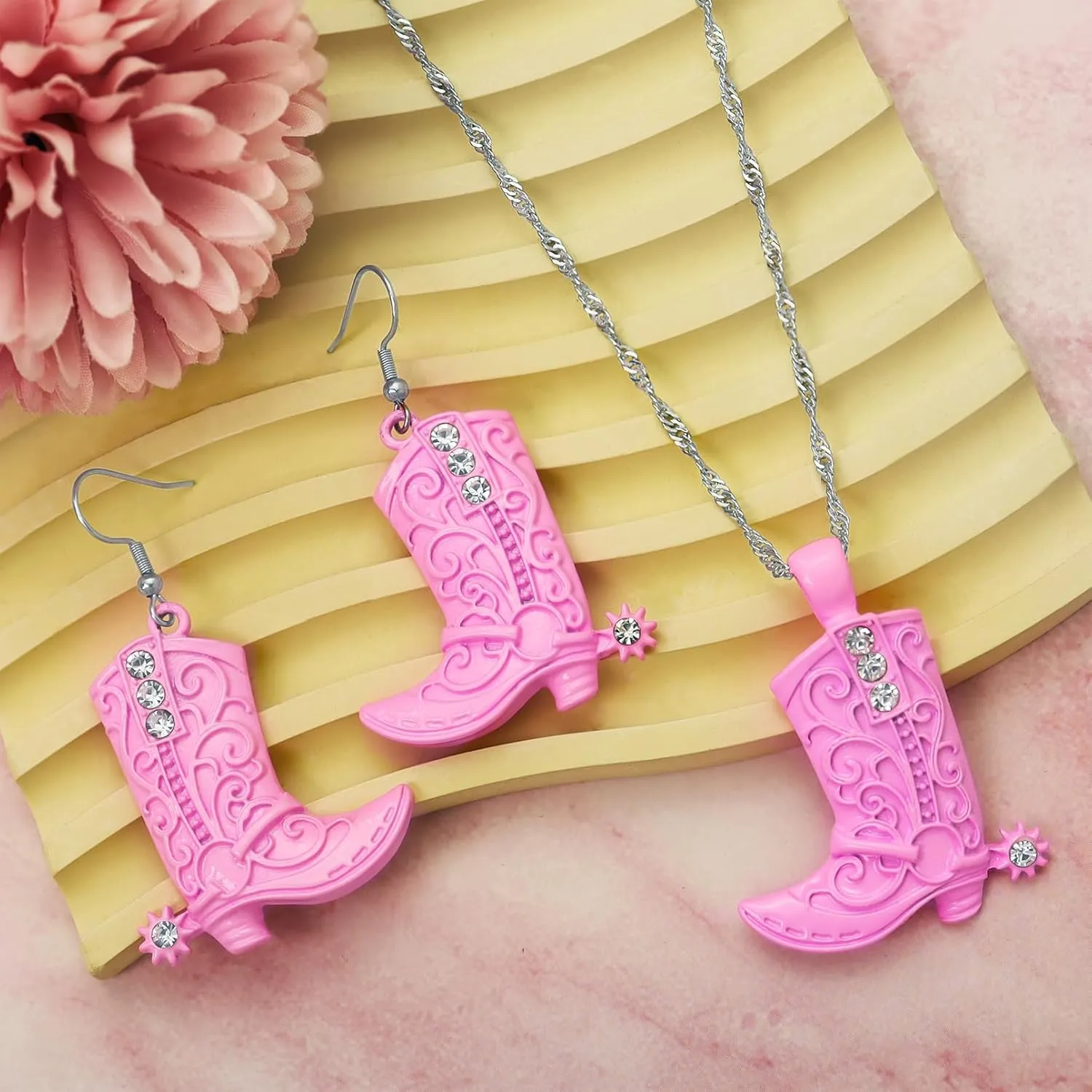 RechicGu Western West Cowgirl Cowboy Texas Boots Earrings Necklace Set, Spur Rodeo Drop Dangle Boots Earrings,Twist Link Chain Necklace with Boot Pendant,Jewelry Set