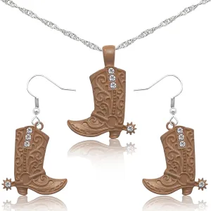 RechicGu Western West Cowgirl Cowboy Texas Boots Earrings Necklace Set, Spur Rodeo Drop Dangle Boots Earrings,Twist Link Chain Necklace with Boot Pendant,Jewelry Set
