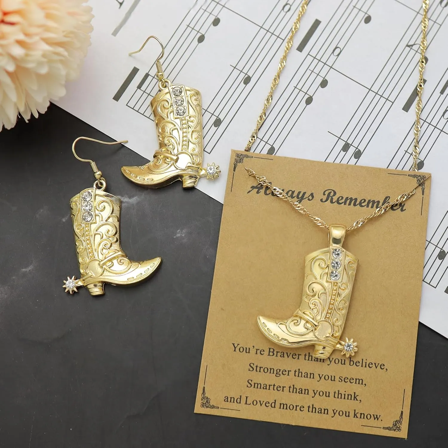 RechicGu Western West Cowgirl Cowboy Texas Boots Earrings Necklace Set, Spur Rodeo Drop Dangle Boots Earrings,Twist Link Chain Necklace with Boot Pendant,Jewelry Set