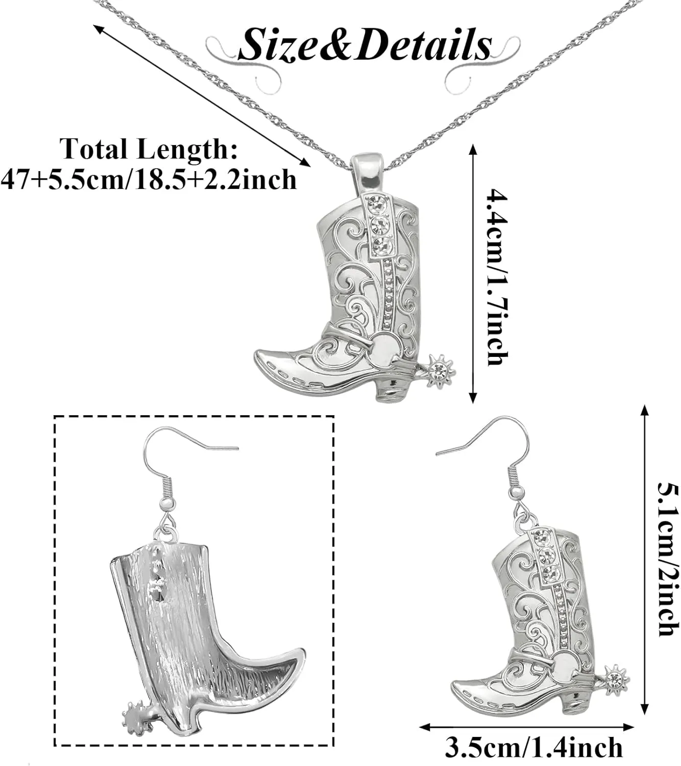 RechicGu Western West Cowgirl Cowboy Texas Boots Earrings Necklace Set, Spur Rodeo Drop Dangle Boots Earrings,Twist Link Chain Necklace with Boot Pendant,Jewelry Set