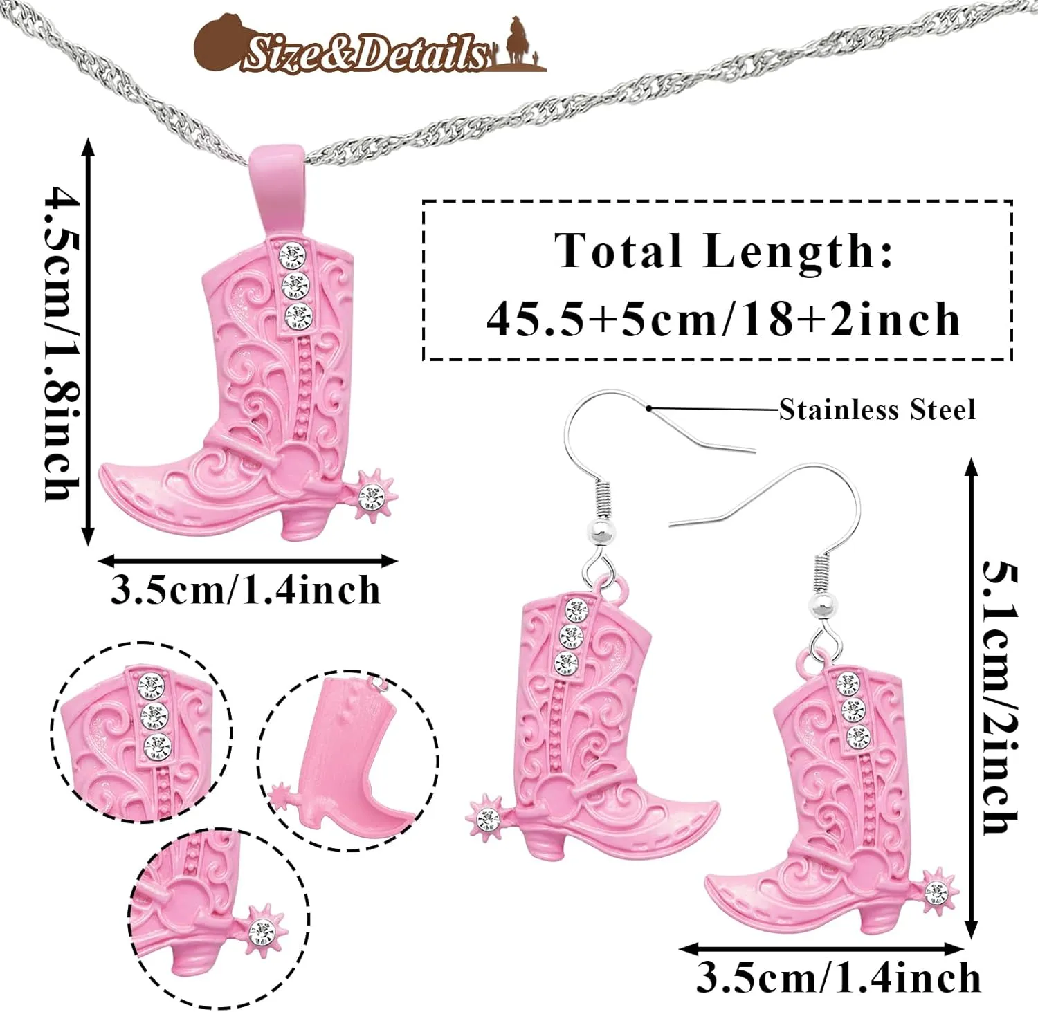 RechicGu Western West Cowgirl Cowboy Texas Boots Earrings Necklace Set, Spur Rodeo Drop Dangle Boots Earrings,Twist Link Chain Necklace with Boot Pendant,Jewelry Set
