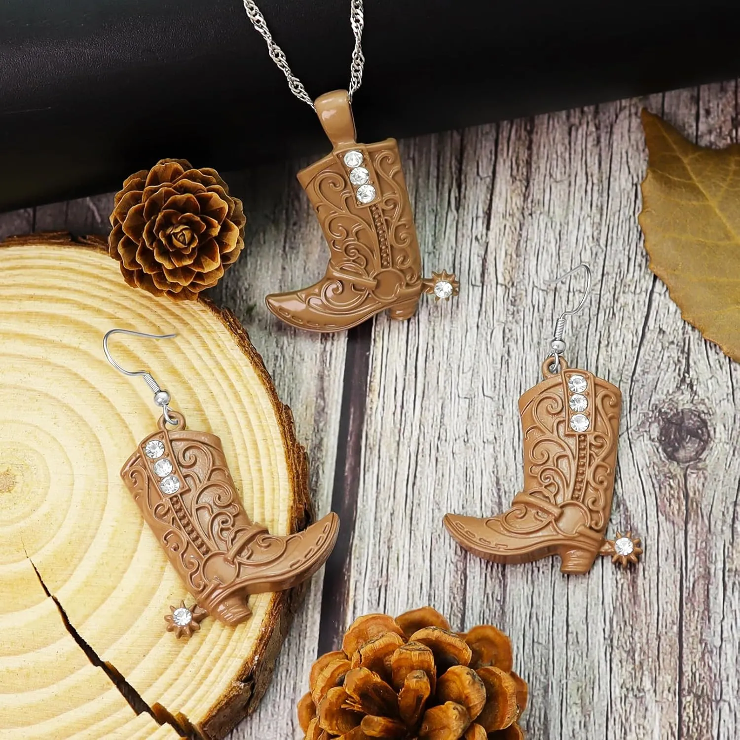 RechicGu Western West Cowgirl Cowboy Texas Boots Earrings Necklace Set, Spur Rodeo Drop Dangle Boots Earrings,Twist Link Chain Necklace with Boot Pendant,Jewelry Set