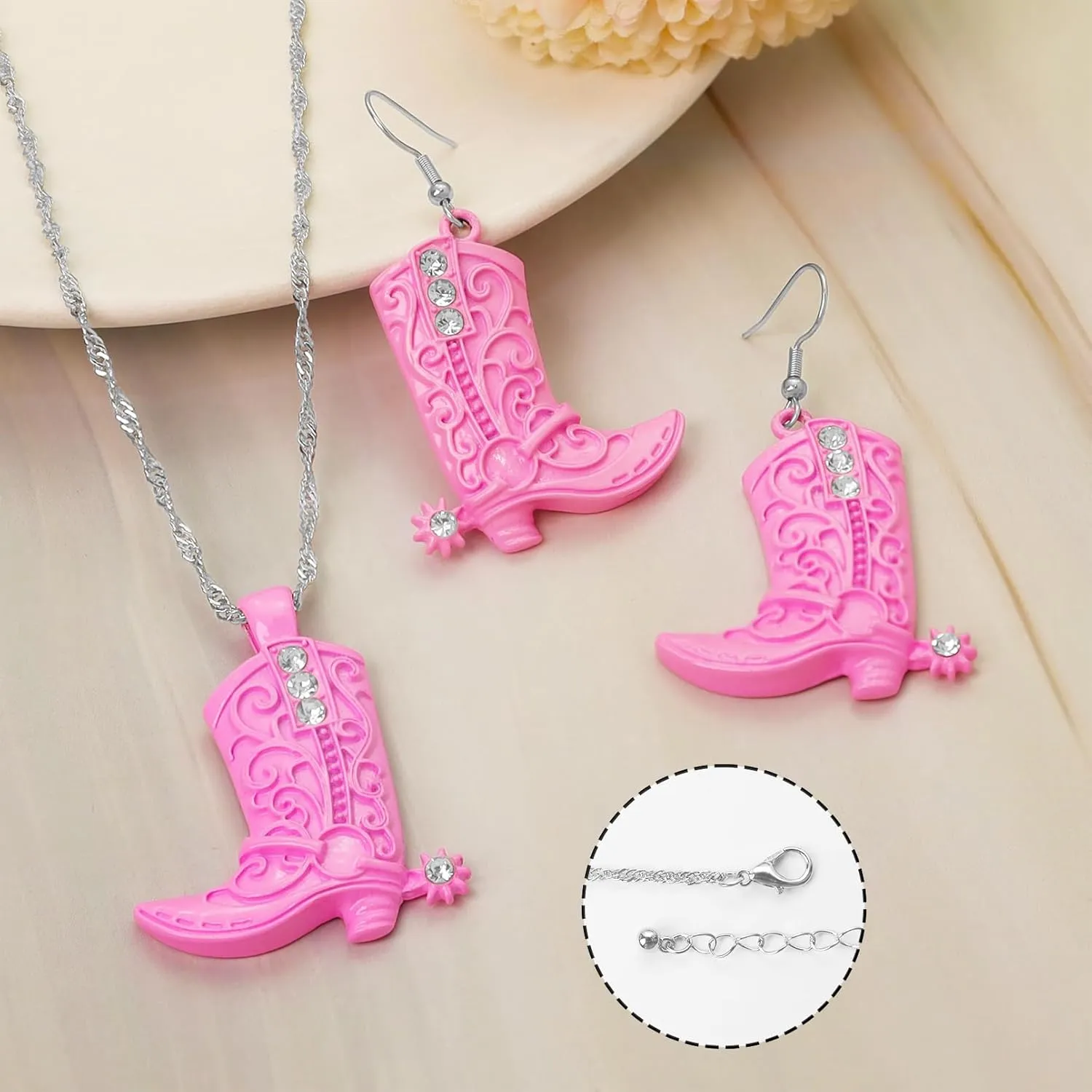 RechicGu Western West Cowgirl Cowboy Texas Boots Earrings Necklace Set, Spur Rodeo Drop Dangle Boots Earrings,Twist Link Chain Necklace with Boot Pendant,Jewelry Set