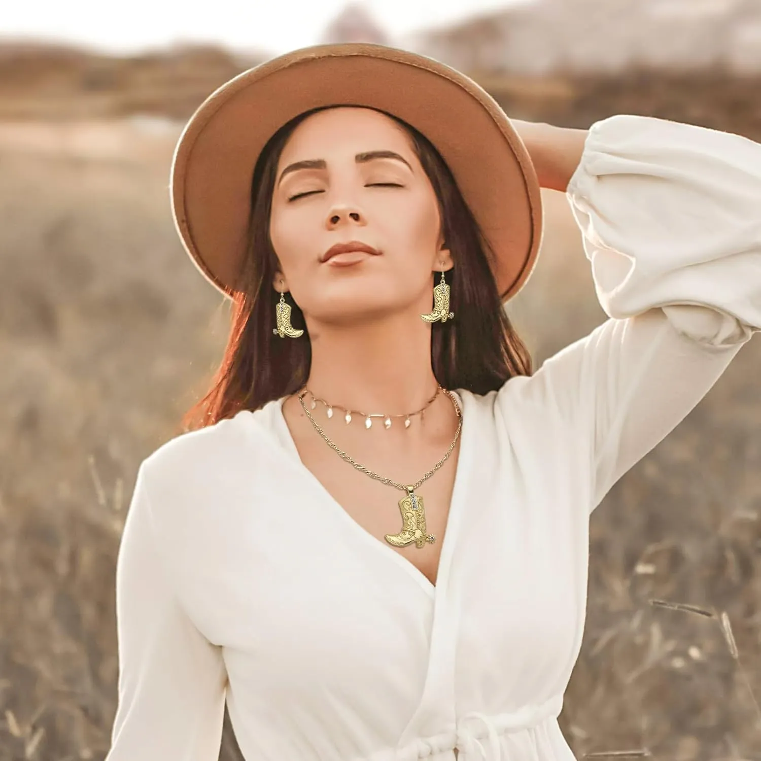 RechicGu Western West Cowgirl Cowboy Texas Boots Earrings Necklace Set, Spur Rodeo Drop Dangle Boots Earrings,Twist Link Chain Necklace with Boot Pendant,Jewelry Set
