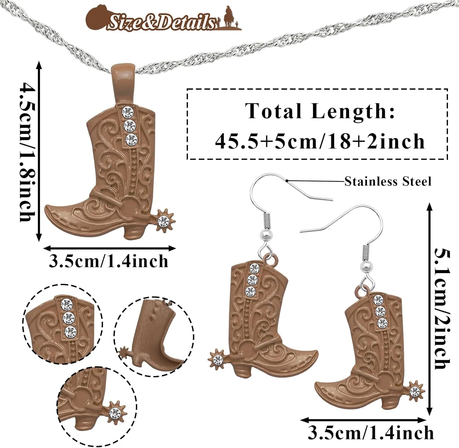 RechicGu Western West Cowgirl Cowboy Texas Boots Earrings Necklace Set, Spur Rodeo Drop Dangle Boots Earrings,Twist Link Chain Necklace with Boot Pendant,Jewelry Set