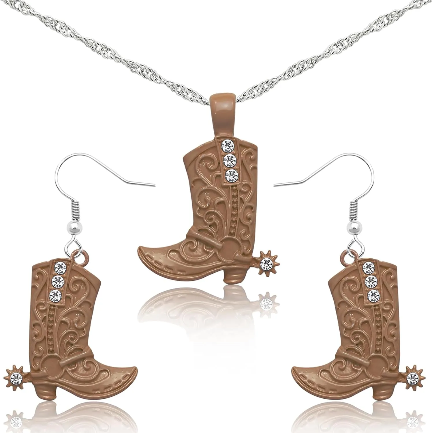 RechicGu Western West Cowgirl Cowboy Texas Boots Earrings Necklace Set, Spur Rodeo Drop Dangle Boots Earrings,Twist Link Chain Necklace with Boot Pendant,Jewelry Set