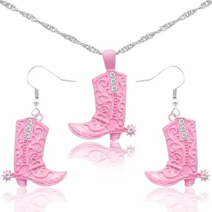 RechicGu Western West Cowgirl Cowboy Texas Boots Earrings Necklace Set, Spur Rodeo Drop Dangle Boots Earrings,Twist Link Chain Necklace with Boot Pendant,Jewelry Set