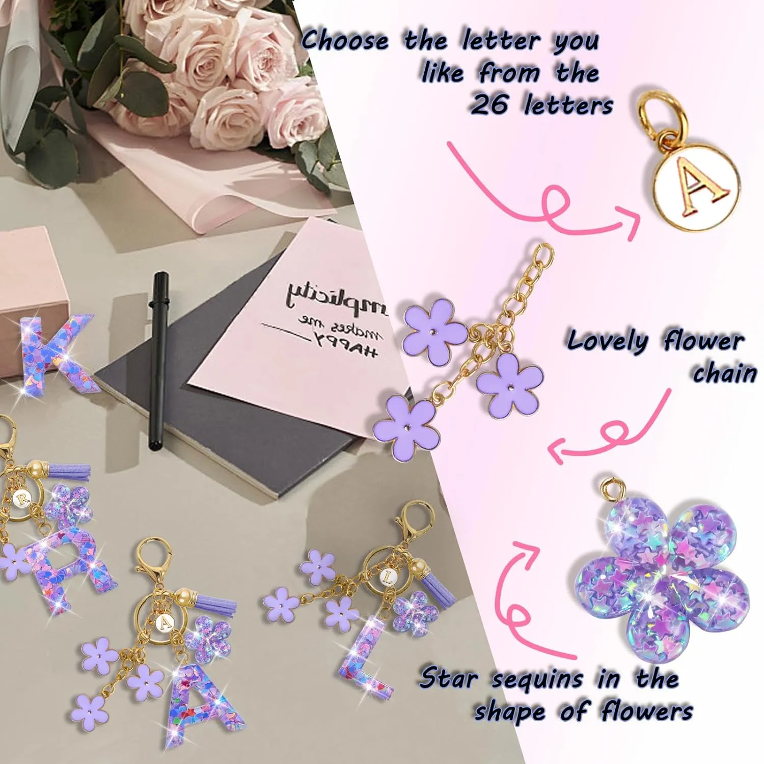 Resin Alphabet Initial Letter Keychain Tassel Flower Pendant Key Ring for Purse Handbag Car Keys