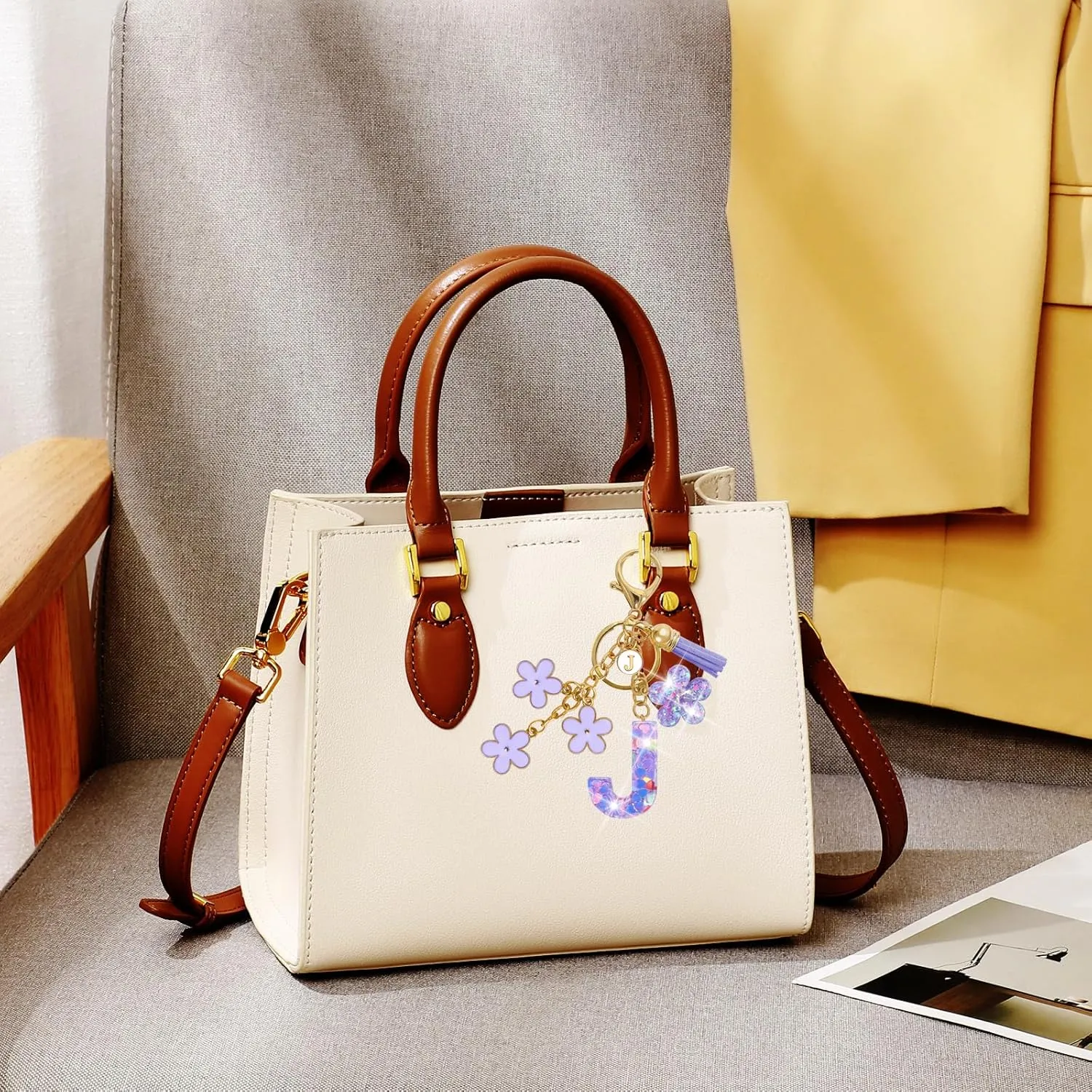 Resin Alphabet Initial Letter Keychain Tassel Flower Pendant Key Ring for Purse Handbag Car Keys
