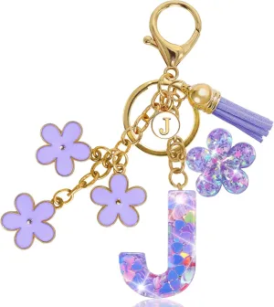 Resin Alphabet Initial Letter Keychain Tassel Flower Pendant Key Ring for Purse Handbag Car Keys