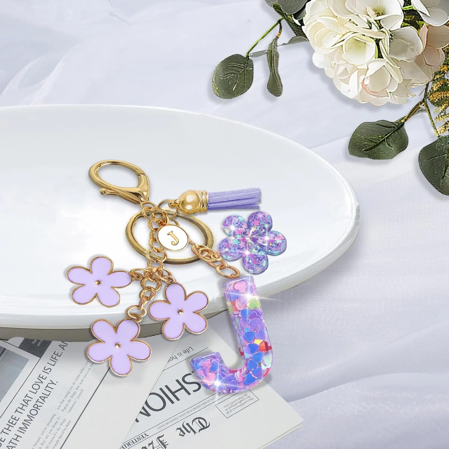 Resin Alphabet Initial Letter Keychain Tassel Flower Pendant Key Ring for Purse Handbag Car Keys