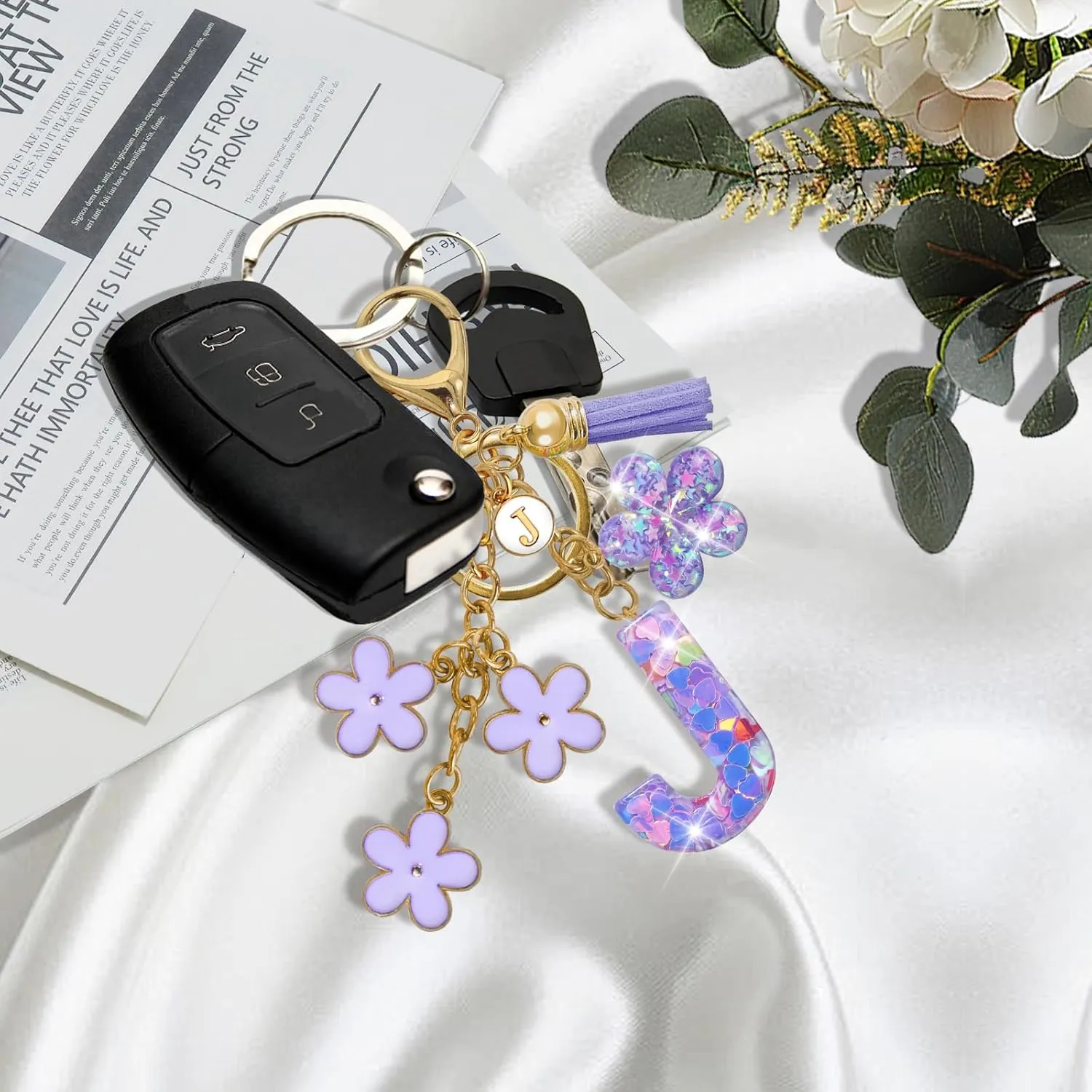 Resin Alphabet Initial Letter Keychain Tassel Flower Pendant Key Ring for Purse Handbag Car Keys
