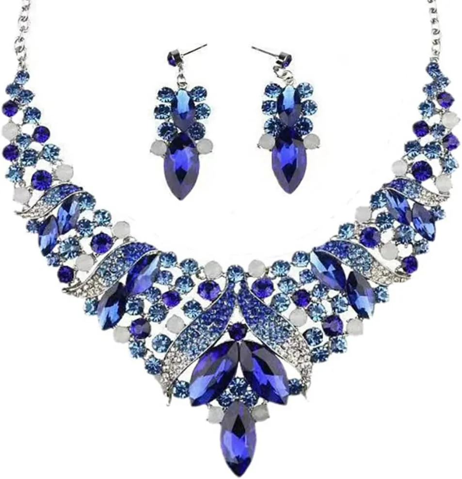 Rhinestone Crystal Rib Statement Necklace Earrings Charming Spark Chunky Collar Necklace Earrings Set Women Fashion Jewelry Accessories