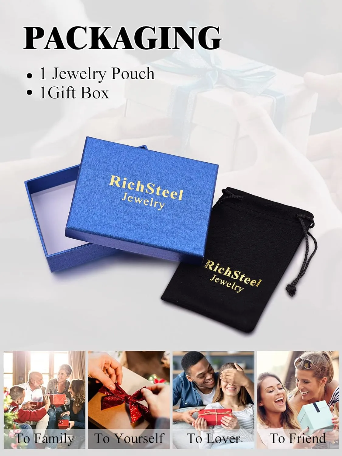 Richsteel Father's Day Bracelets for Men Cuban Link Chain Bracelets 8/12/17mm Width Stainless Steel Chain Wrist Bracelets, 7.4/8.2/9 Inch Length Classic Jewelry for Christmas/Valentine's Day/Birthday