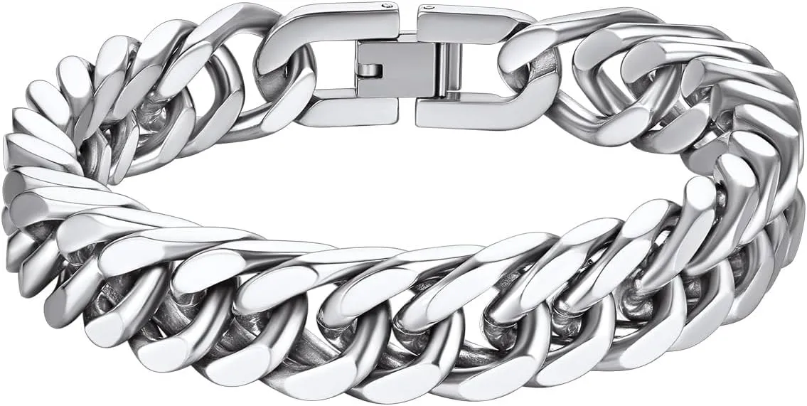 Richsteel Father's Day Bracelets for Men Cuban Link Chain Bracelets 8/12/17mm Width Stainless Steel Chain Wrist Bracelets, 7.4/8.2/9 Inch Length Classic Jewelry for Christmas/Valentine's Day/Birthday