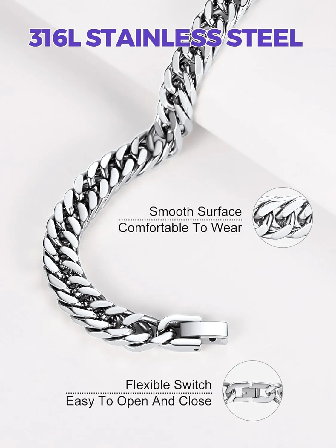 Richsteel Father's Day Bracelets for Men Cuban Link Chain Bracelets 8/12/17mm Width Stainless Steel Chain Wrist Bracelets, 7.4/8.2/9 Inch Length Classic Jewelry for Christmas/Valentine's Day/Birthday