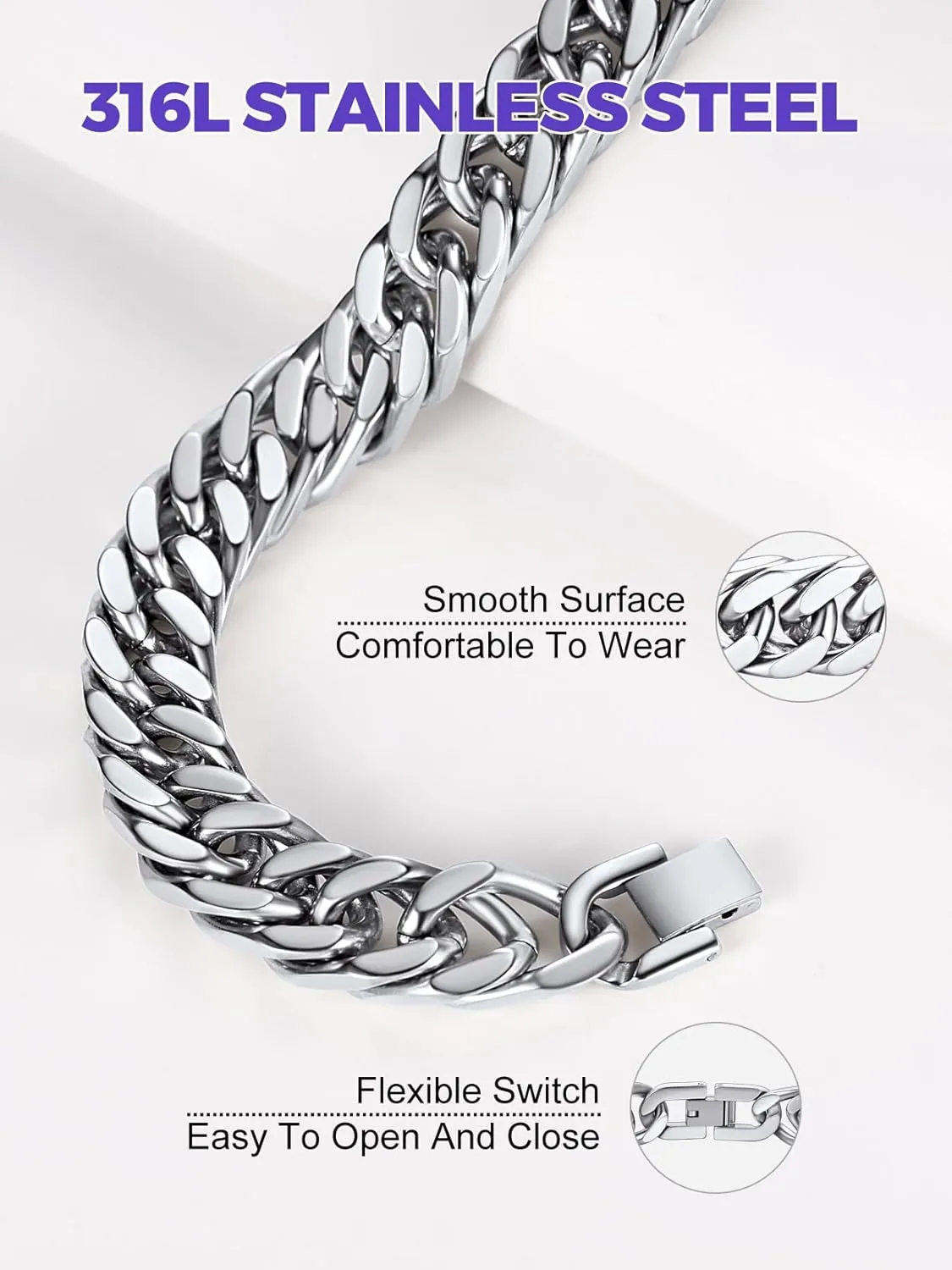 Richsteel Father's Day Bracelets for Men Cuban Link Chain Bracelets 8/12/17mm Width Stainless Steel Chain Wrist Bracelets, 7.4/8.2/9 Inch Length Classic Jewelry for Christmas/Valentine's Day/Birthday