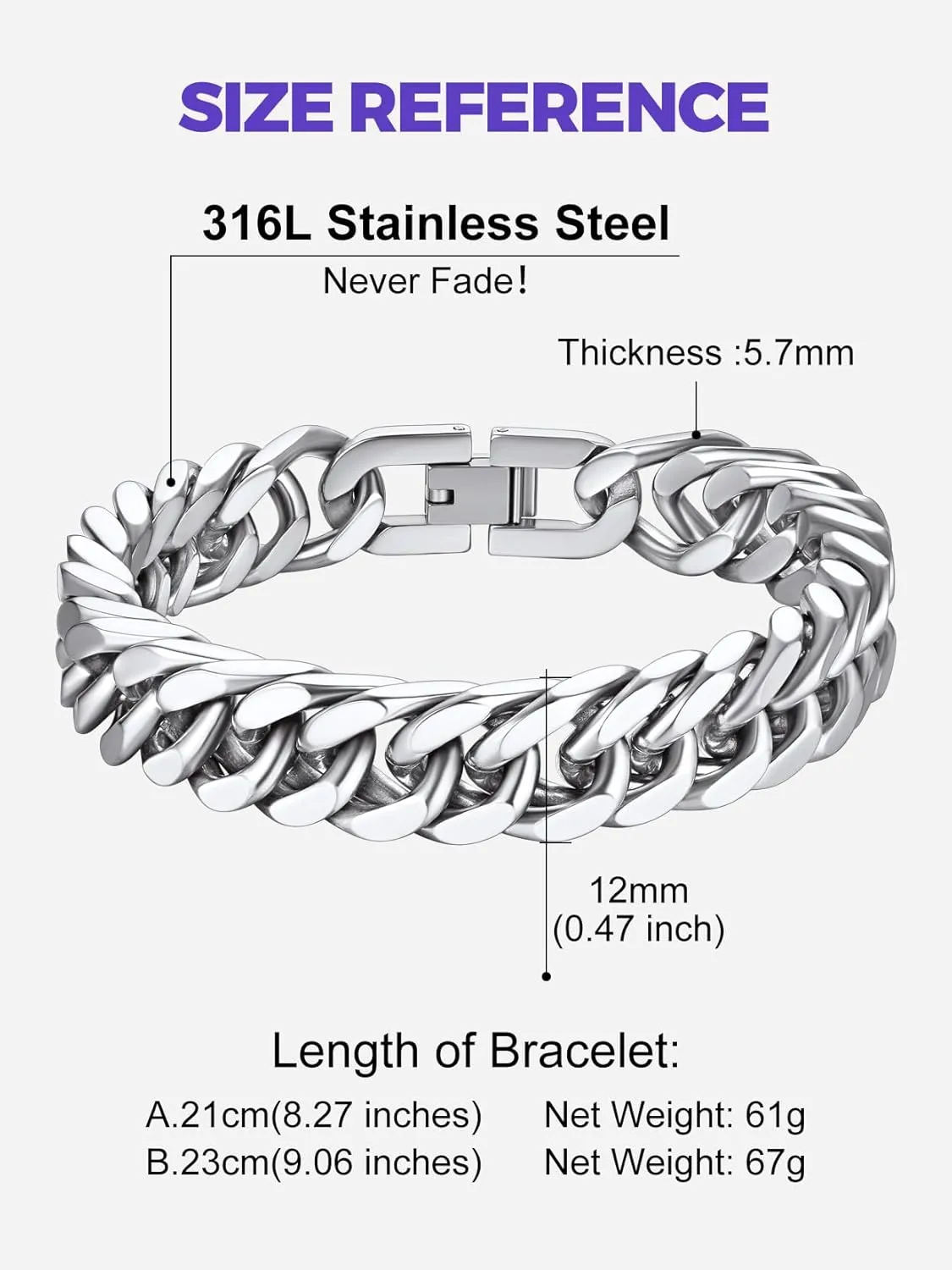 Richsteel Father's Day Bracelets for Men Cuban Link Chain Bracelets 8/12/17mm Width Stainless Steel Chain Wrist Bracelets, 7.4/8.2/9 Inch Length Classic Jewelry for Christmas/Valentine's Day/Birthday