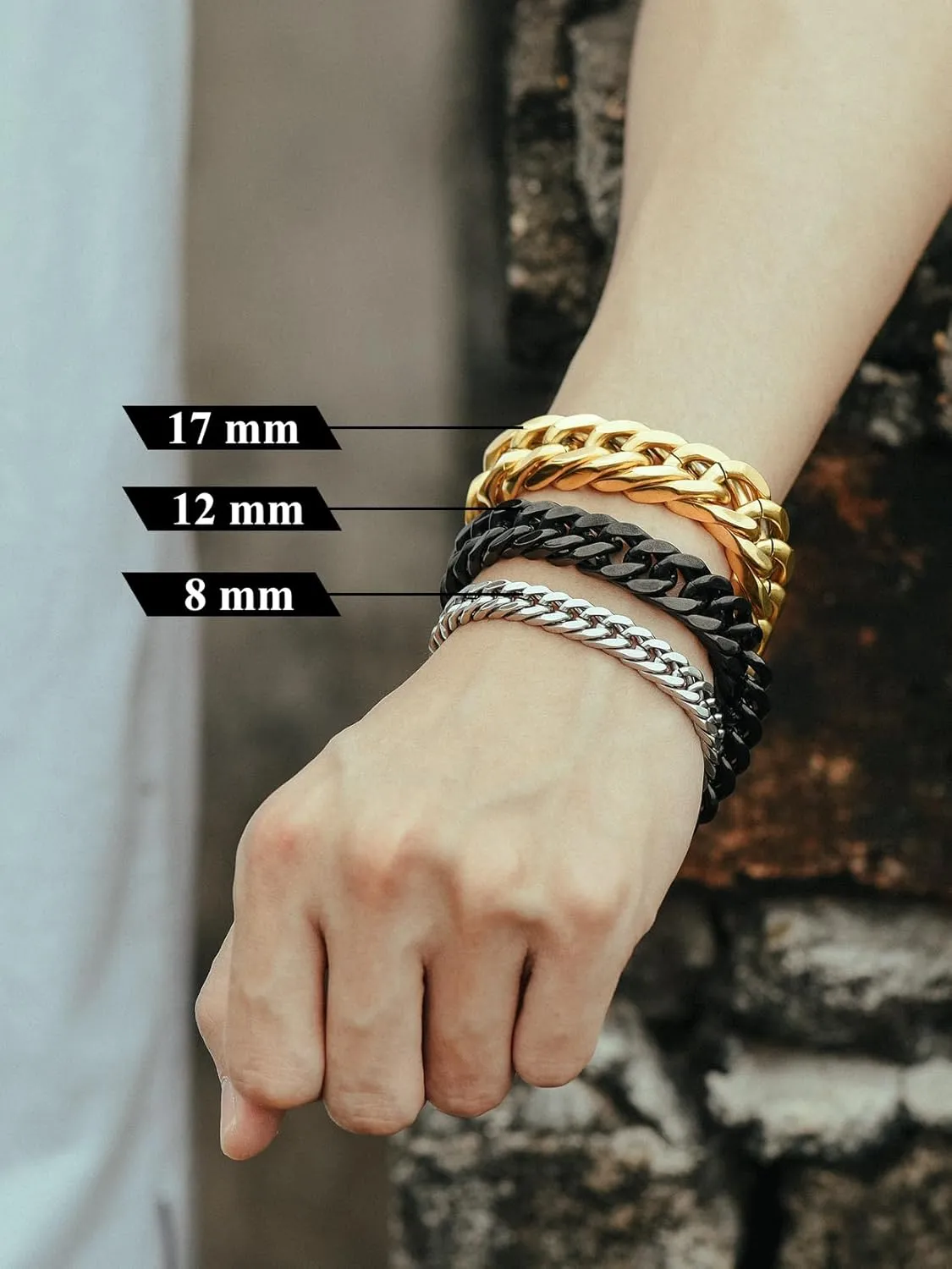 Richsteel Father's Day Bracelets for Men Cuban Link Chain Bracelets 8/12/17mm Width Stainless Steel Chain Wrist Bracelets, 7.4/8.2/9 Inch Length Classic Jewelry for Christmas/Valentine's Day/Birthday