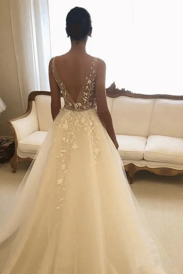 Romantic V Neck A Line Tulle Wedding Dress With Lace Appliques, Bridal Dresses TN308