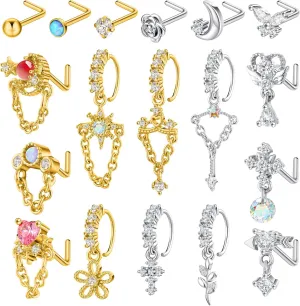 Sasylvia 18 Pcs Dangling Nose Rings Hoops l Shap Dangle Nose Stud 20g Stainless Steel Indian Piercing Jewelry for Women