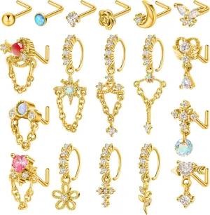 Sasylvia 18 Pcs Dangling Nose Rings Hoops l Shap Dangle Nose Stud 20g Stainless Steel Indian Piercing Jewelry for Women