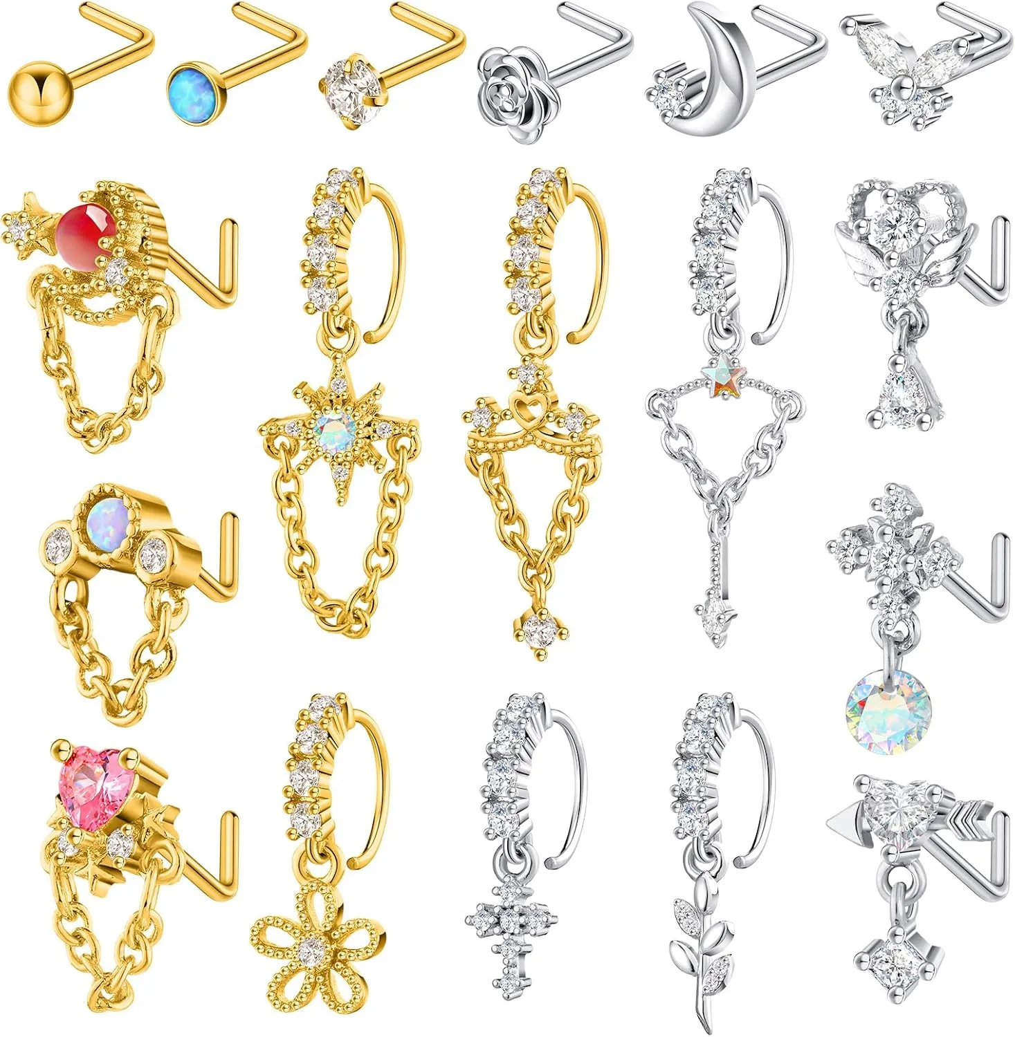 Sasylvia 18 Pcs Dangling Nose Rings Hoops l Shap Dangle Nose Stud 20g Stainless Steel Indian Piercing Jewelry for Women