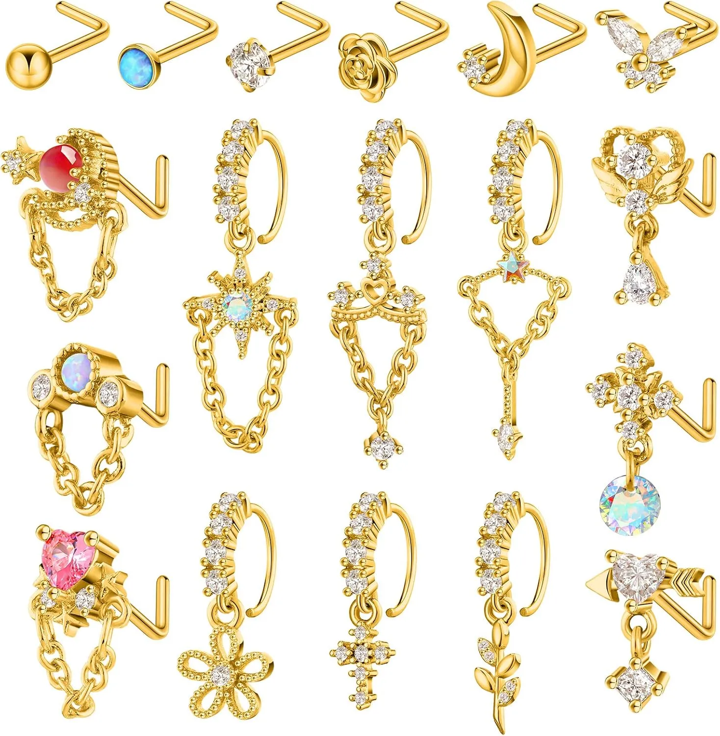 Sasylvia 18 Pcs Dangling Nose Rings Hoops l Shap Dangle Nose Stud 20g Stainless Steel Indian Piercing Jewelry for Women