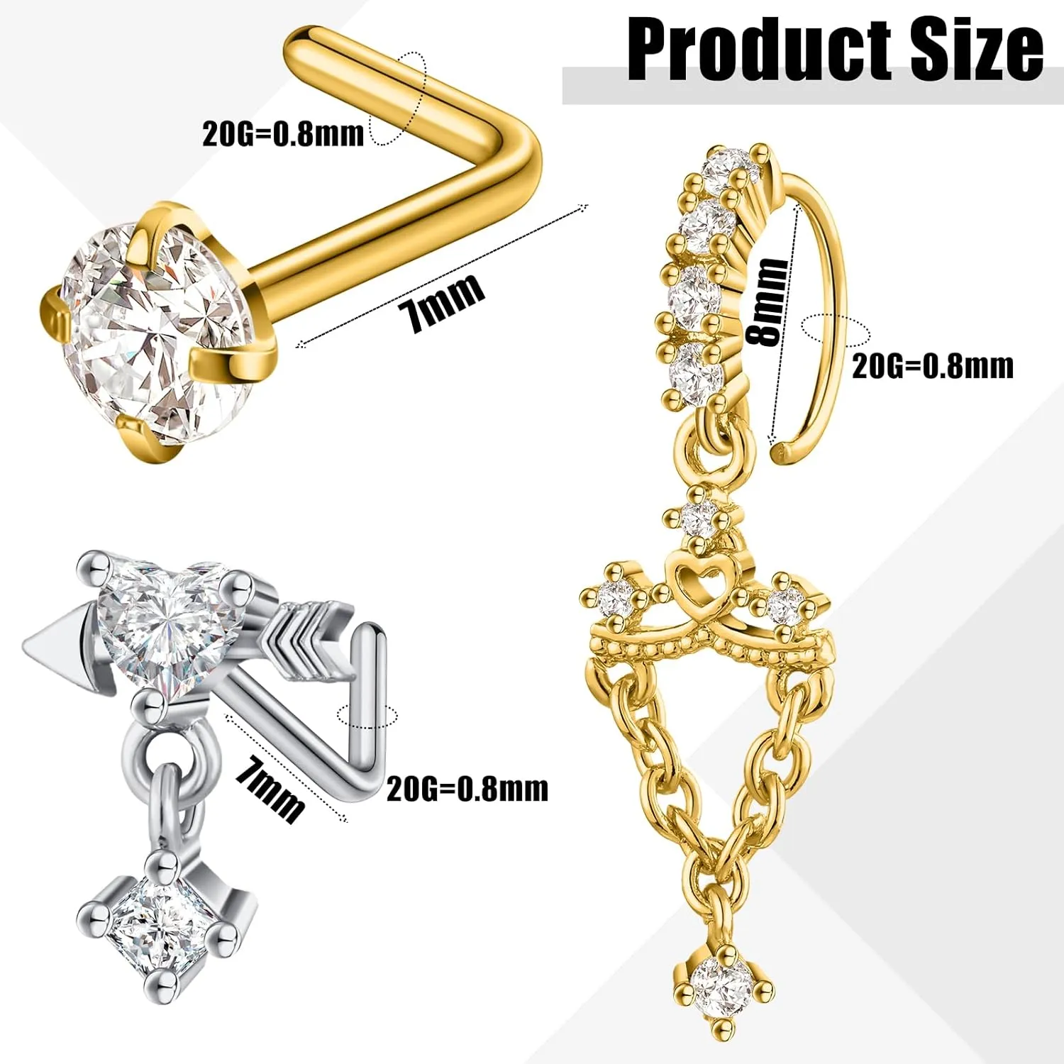 Sasylvia 18 Pcs Dangling Nose Rings Hoops l Shap Dangle Nose Stud 20g Stainless Steel Indian Piercing Jewelry for Women