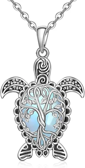 Sea Turtle Necklace Moonstone Tree of Life Turtle Necklace for Women Sterling Silver Hawaii Pendant Jewelry Birthday Mothers Day Gifts