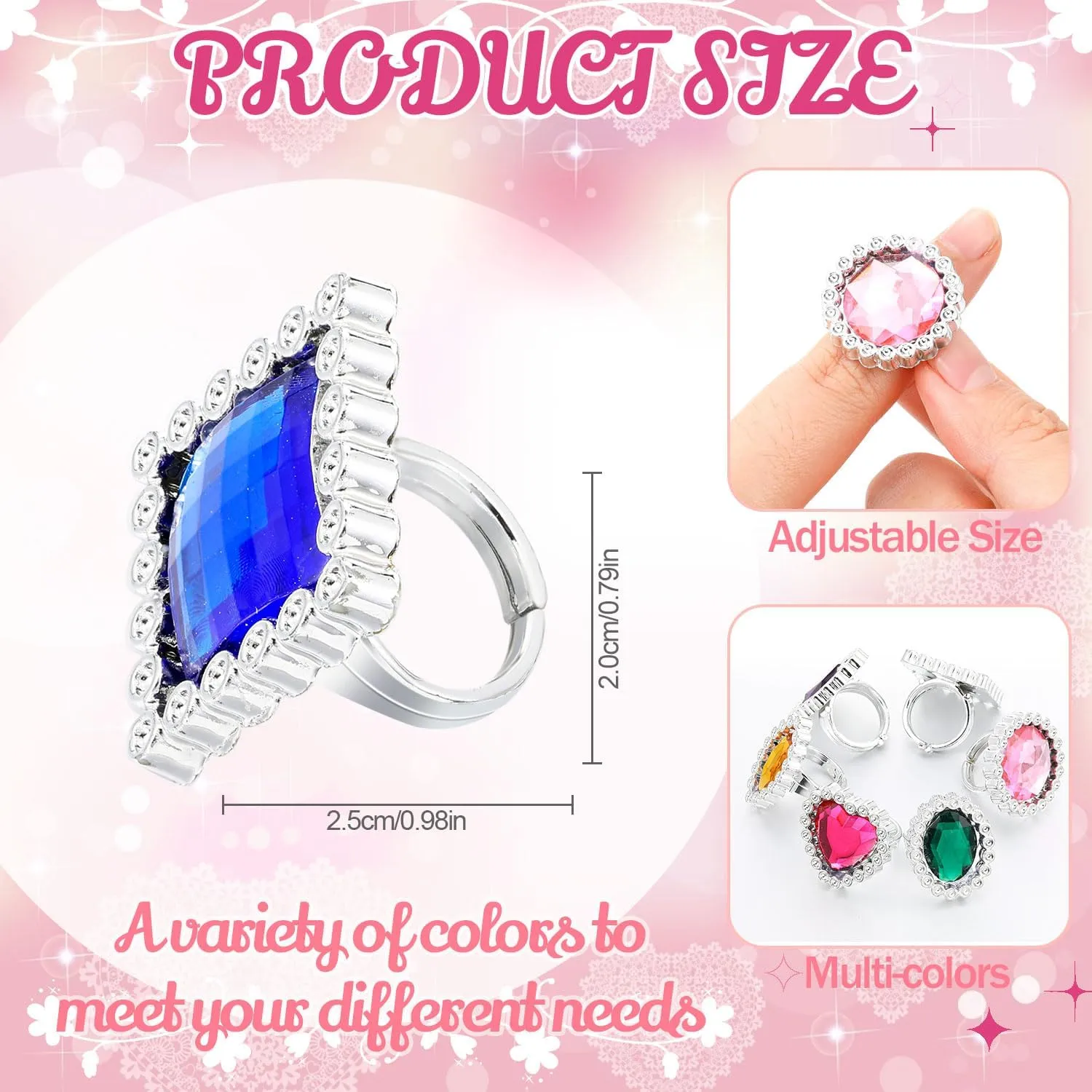 Shappy 72 Pcs Colorful Plastic Rings Adjustable Fake Princess Rings Jewelry for Bridal Shower Girls Dress Accessories
