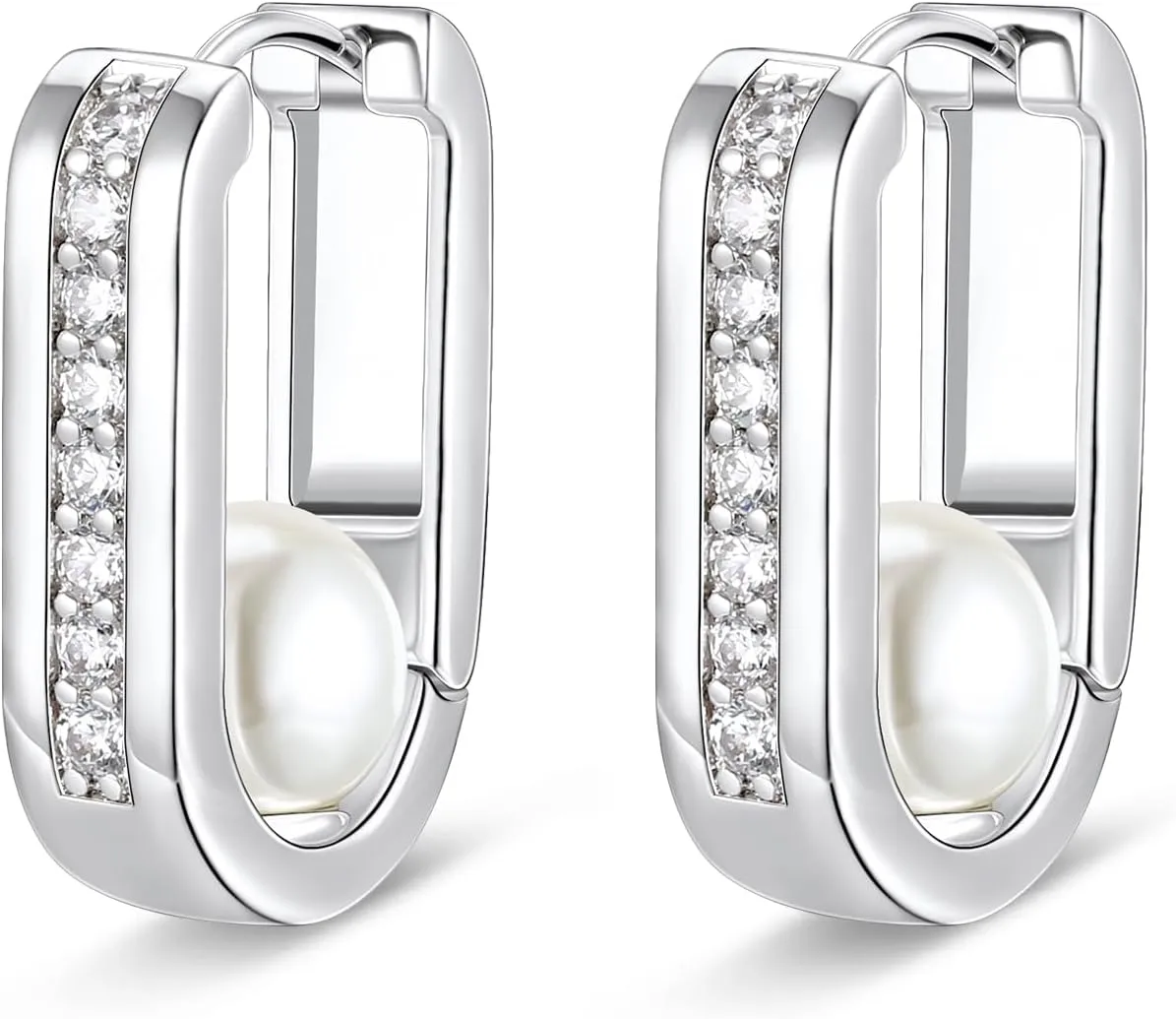 Silver Pearl Hoop Earrings for Women, U Shaped Huggies Earrings with Cubic Zirconia, rectangle pearl earrings Hypoallergenic U Earrings Jewelry