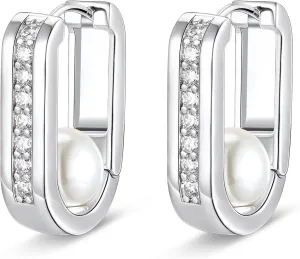 Silver Pearl Hoop Earrings for Women, U Shaped Huggies Earrings with Cubic Zirconia, rectangle pearl earrings Hypoallergenic U Earrings Jewelry