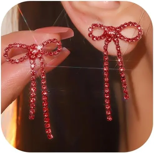 Silver Rhinestone Earrings Dangling Bow Earrings for Women Sparkly Wedding Bridal Jewelry Long Tassel Chandelier Earring Prom Dresses 2025