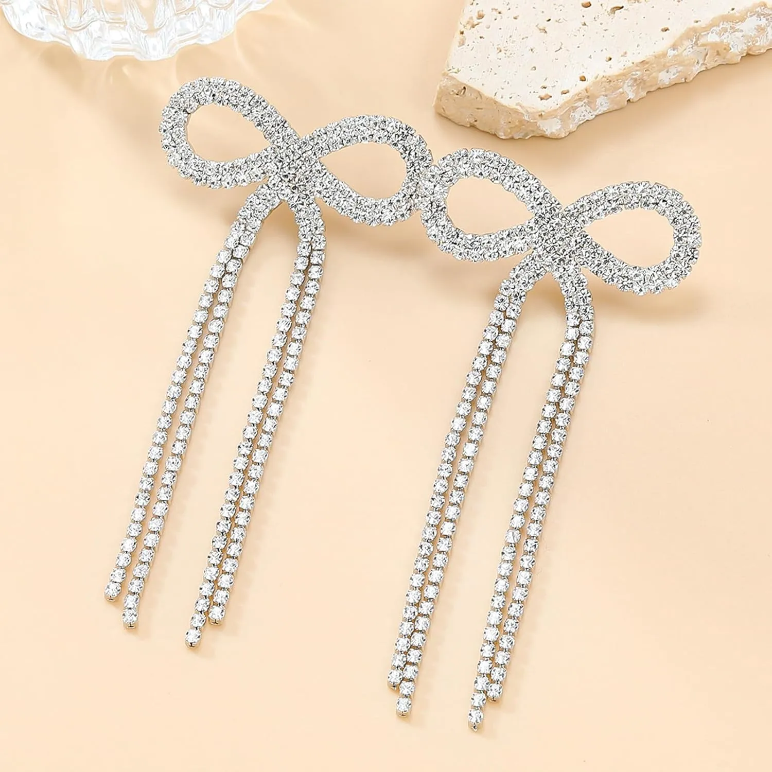 Silver Rhinestone Earrings Dangling Bow Earrings for Women Sparkly Wedding Bridal Jewelry Long Tassel Chandelier Earring Prom Dresses 2025