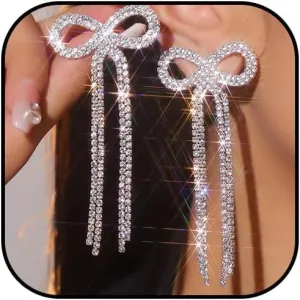 Silver Rhinestone Earrings Dangling Bow Earrings for Women Sparkly Wedding Bridal Jewelry Long Tassel Chandelier Earring Prom Dresses 2025