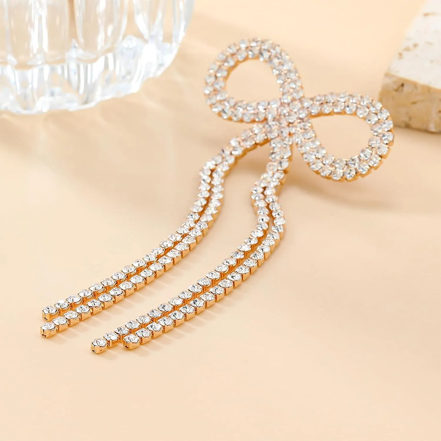 Silver Rhinestone Earrings Dangling Bow Earrings for Women Sparkly Wedding Bridal Jewelry Long Tassel Chandelier Earring Prom Dresses 2025