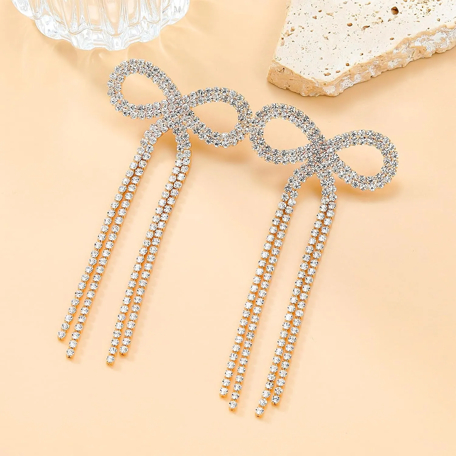Silver Rhinestone Earrings Dangling Bow Earrings for Women Sparkly Wedding Bridal Jewelry Long Tassel Chandelier Earring Prom Dresses 2025